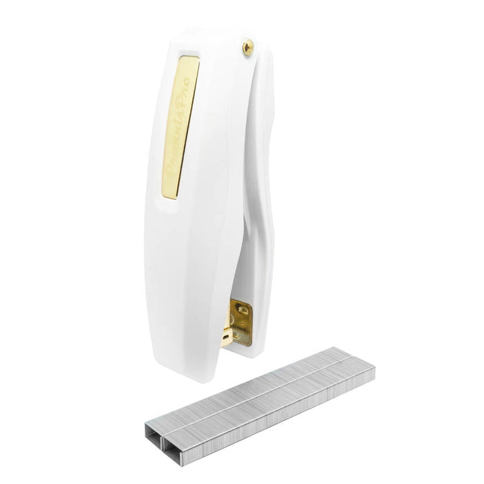 PraxxisPro Office Essentials - Basileus Full-Strip Ergonomic Grip Handheld Desktop Stapler - White Gold