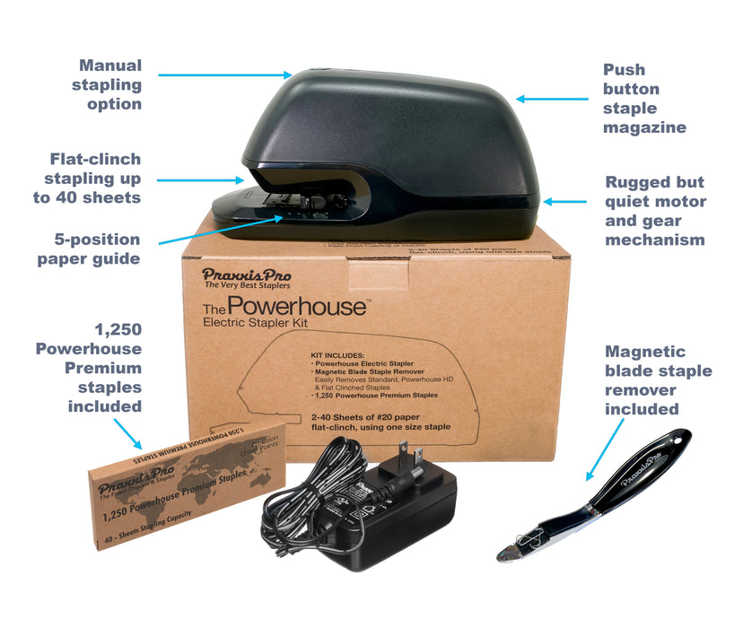 The Powerhouse Electric Stapler Value Pack, Staples 2 to 40 sheets. Includes Power Adapter, Magnetic Blade Staple Remover and 1,250 Powerhouse Staples.