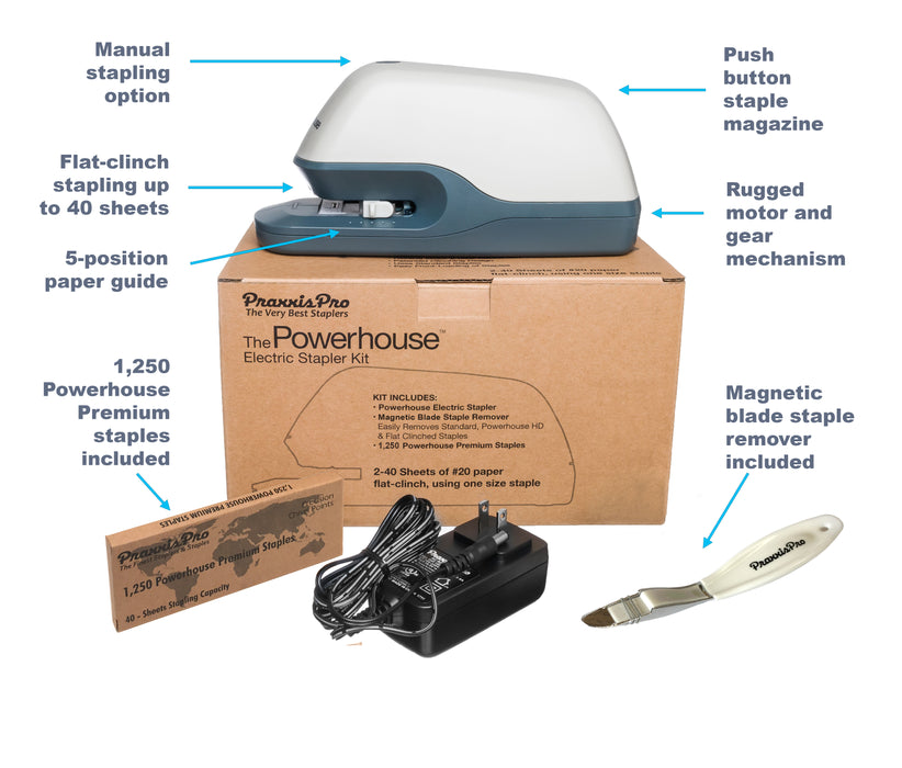 The Powerhouse Electric Stapler Value Pack, Staples 2 to 40 sheets. Includes Power Adapter, Magnetic Blade Staple Remover and 1,250 Powerhouse Staples.
